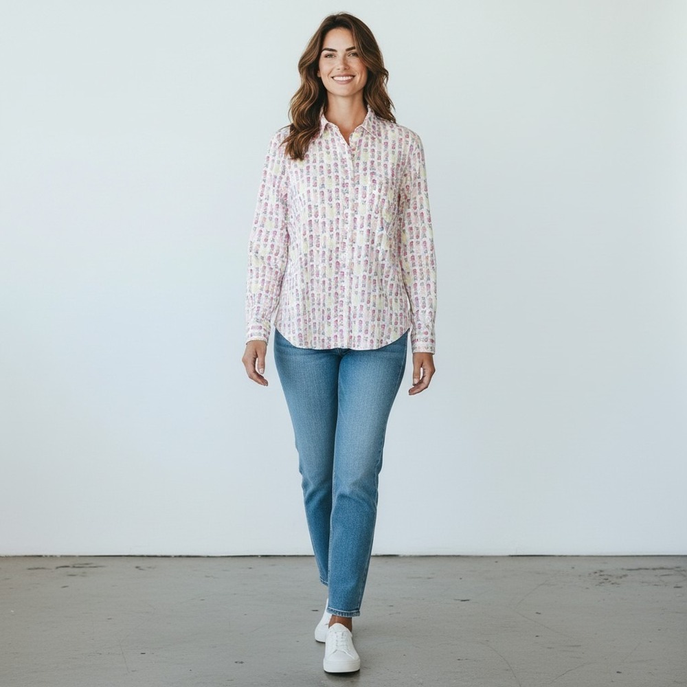 Stylus Women's XL White Multi Colored Pineapples Breast Pocket Cotton Button Top